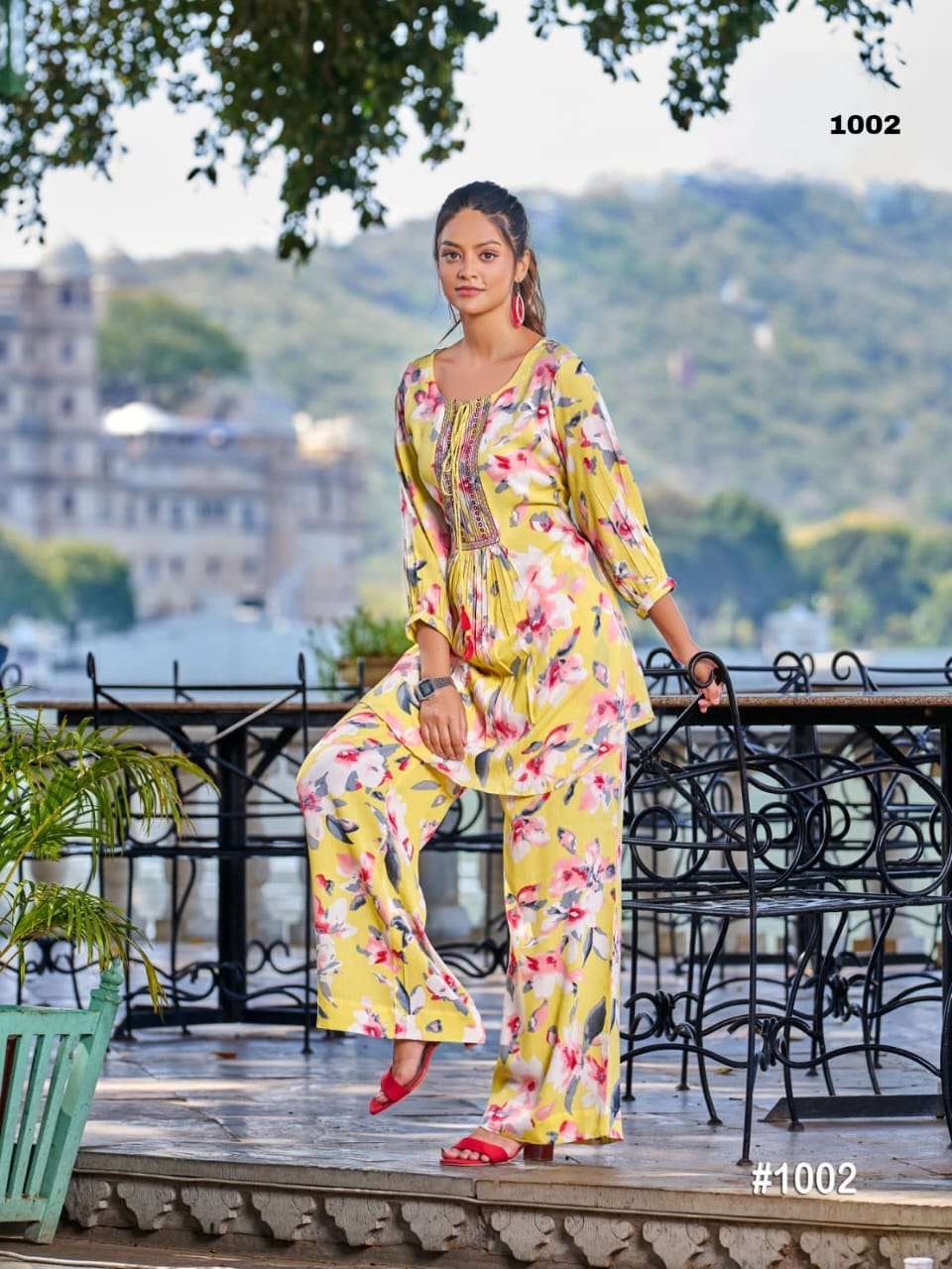 ALEXA HEAVY RAYON RINKLE PRINT WITH EMBROIDERY WORK TOP WITH BOTTOM CORD SET BY S3FOREVER BRAND 1002